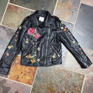 Hannah Banana Girls 8 Black Faux Leather Floral Embroidered Love Moto Jacket